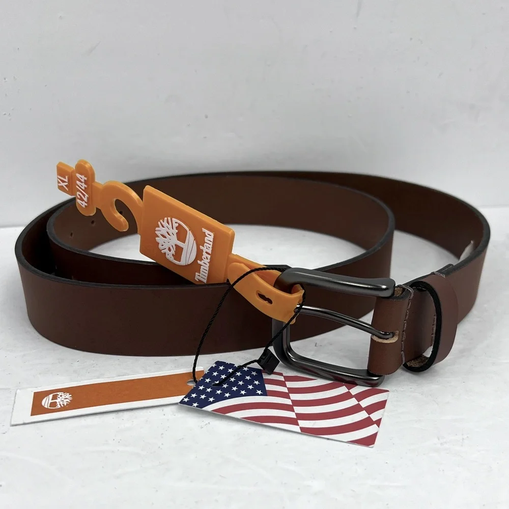 TIMBERLAND MEN’S BELT, BROWN COLOR, LEATHER WITH MAT METAL BUCKLE, SIZE XL 42/44